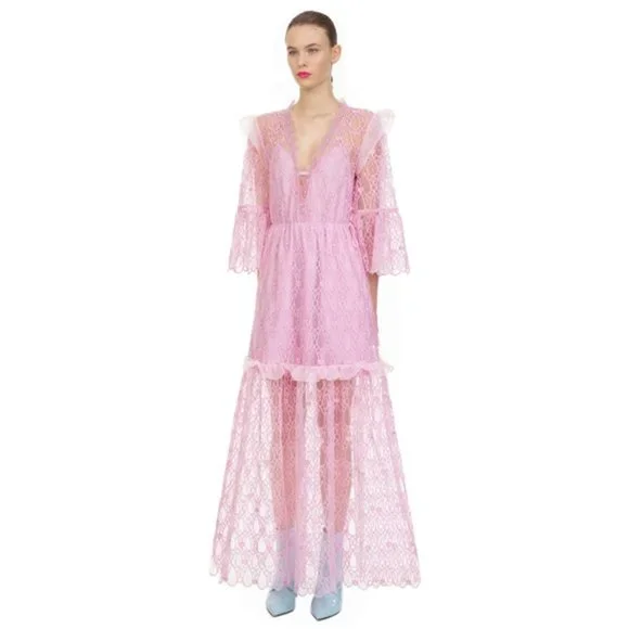 NWT Self-Portrait Tear Drop Mesh Maxi Dress Lilac Size 0 - Picture 2 of 7